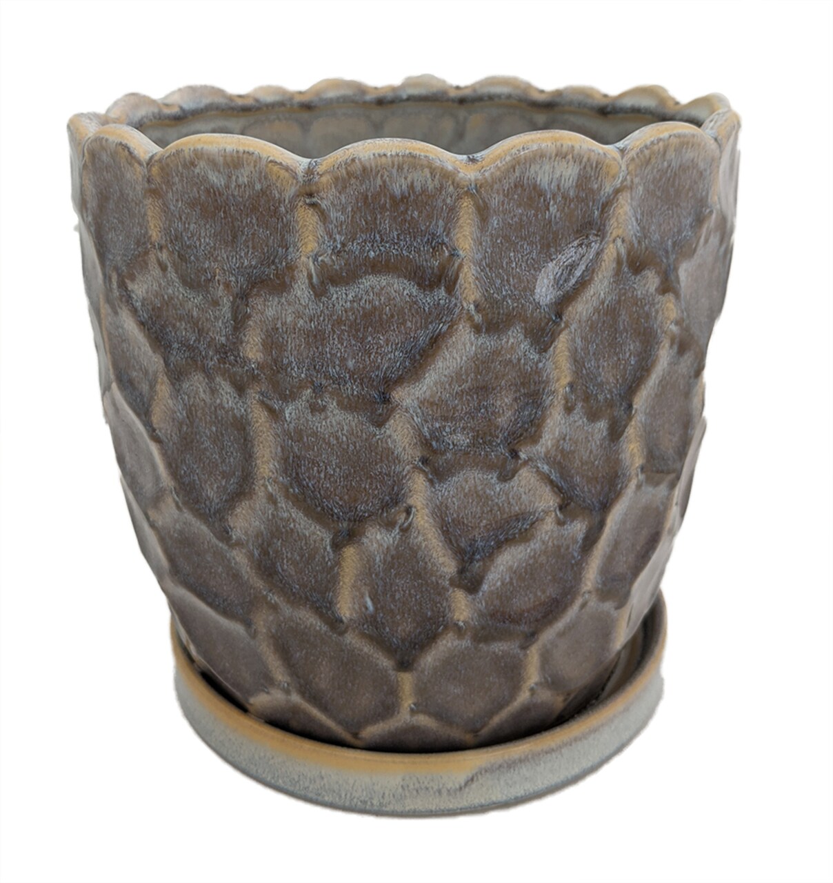 Morrocroft Ceramic Egg Pot with Attached Saucer - 5.25" x 5" - Storm Pebbled